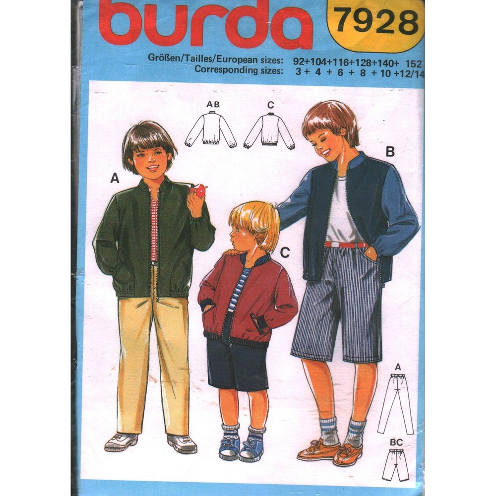 Burda 7928 Kids Sewing Pattern Blouson Jacket Pants Shorts Size 3-4 cut